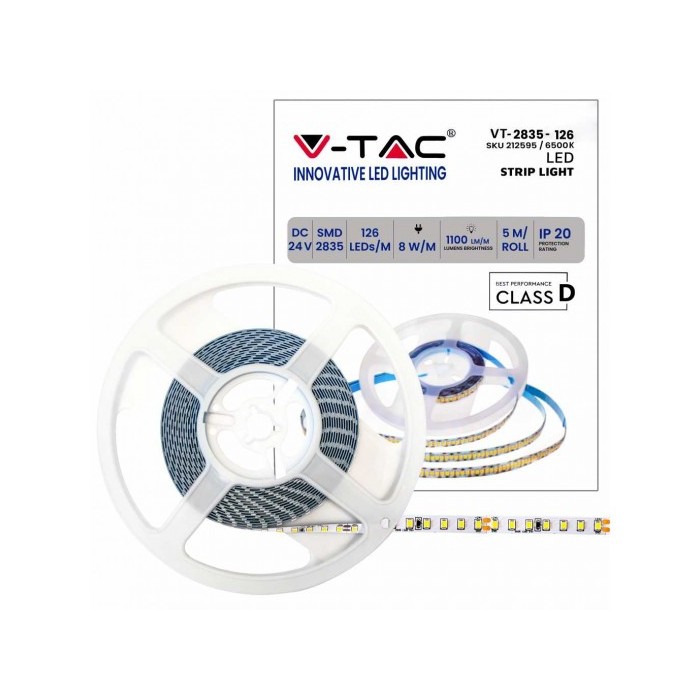 STRISCIA LED VT-2835 137LM/M 24V STRIP 5MT 8W/MT BIANCO FREDDO 6500K IP20 (212595)