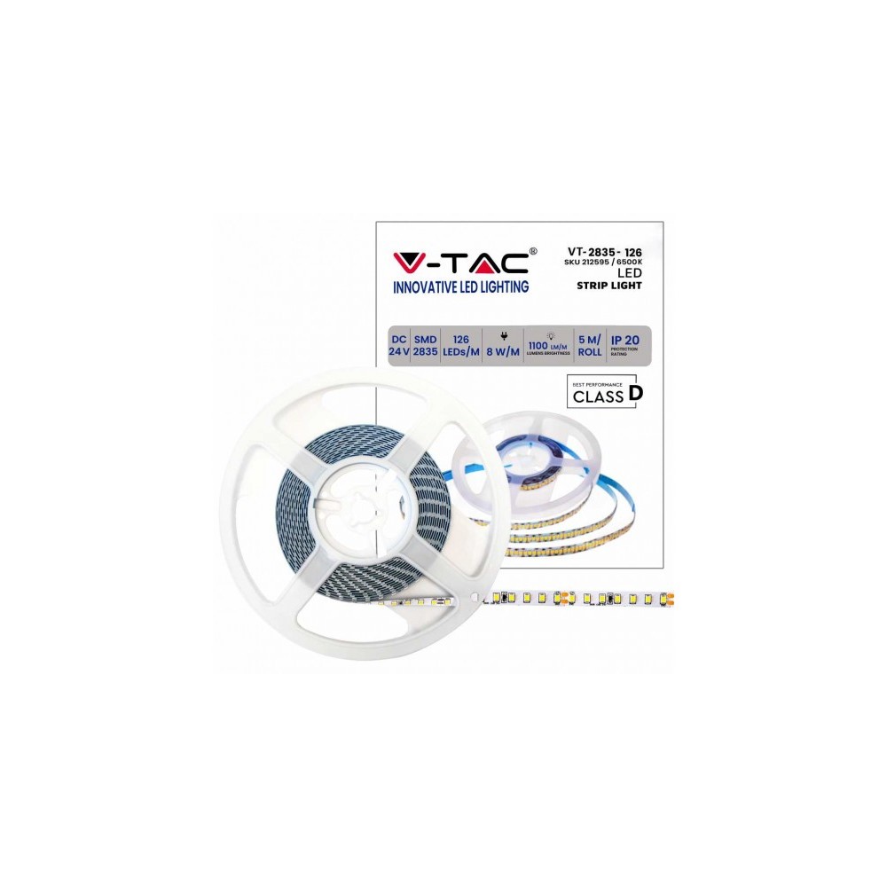 STRISCIA LED VT-2835 137LM/M 24V STRIP 5MT 8W/MT BIANCO FREDDO 6500K IP20 (212595)