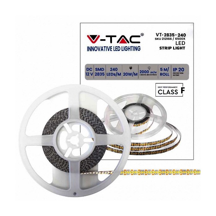 STRISCIA LED VT-2835 2000LM/M 12V STRIP 5MT 20W/MT 6400K IP20 (212166)