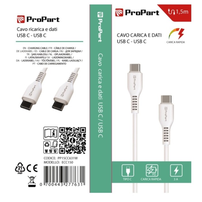 CAVO USB TIPO-C - TIPO-C PP15CC631W (ECC150) 1.5MT BIANCO