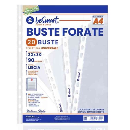 BUSTE FORATE LISCE A4 90MICRON - 20 PEZZI (01310023)