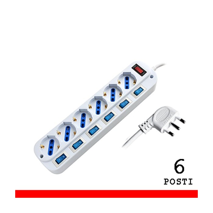 MULTIPRESA 6 POSTI PRESA BIPASSO/SCHUKO CON SPINA 16A CON INTERRUTTORI MULTIPLI (PEM203056A-W)