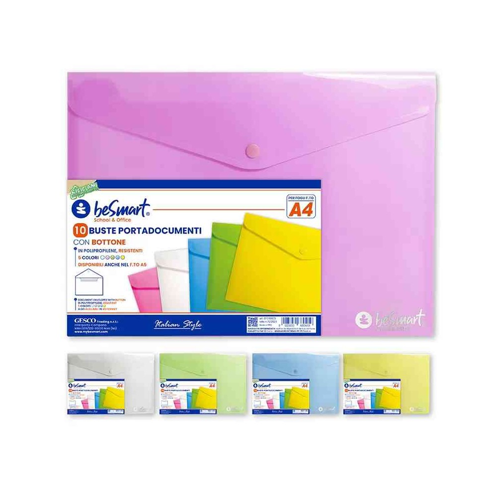 BUSTE PORTADOCUMENTI A4 CON BOTTONE - 10PZ - COLORI ASSORTITI (01310003)