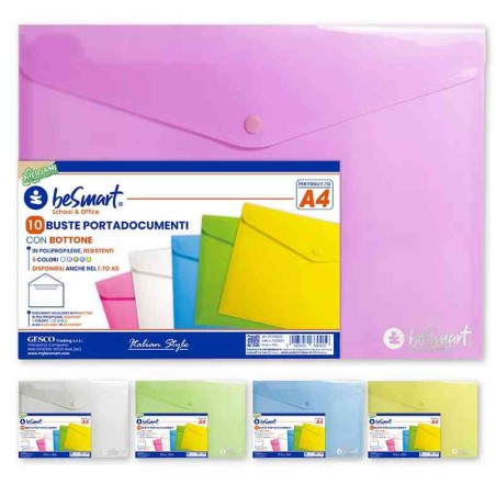 BUSTE PORTADOCUMENTI A4 CON BOTTONE - 10PZ - COLORI ASSORTITI (01310003)