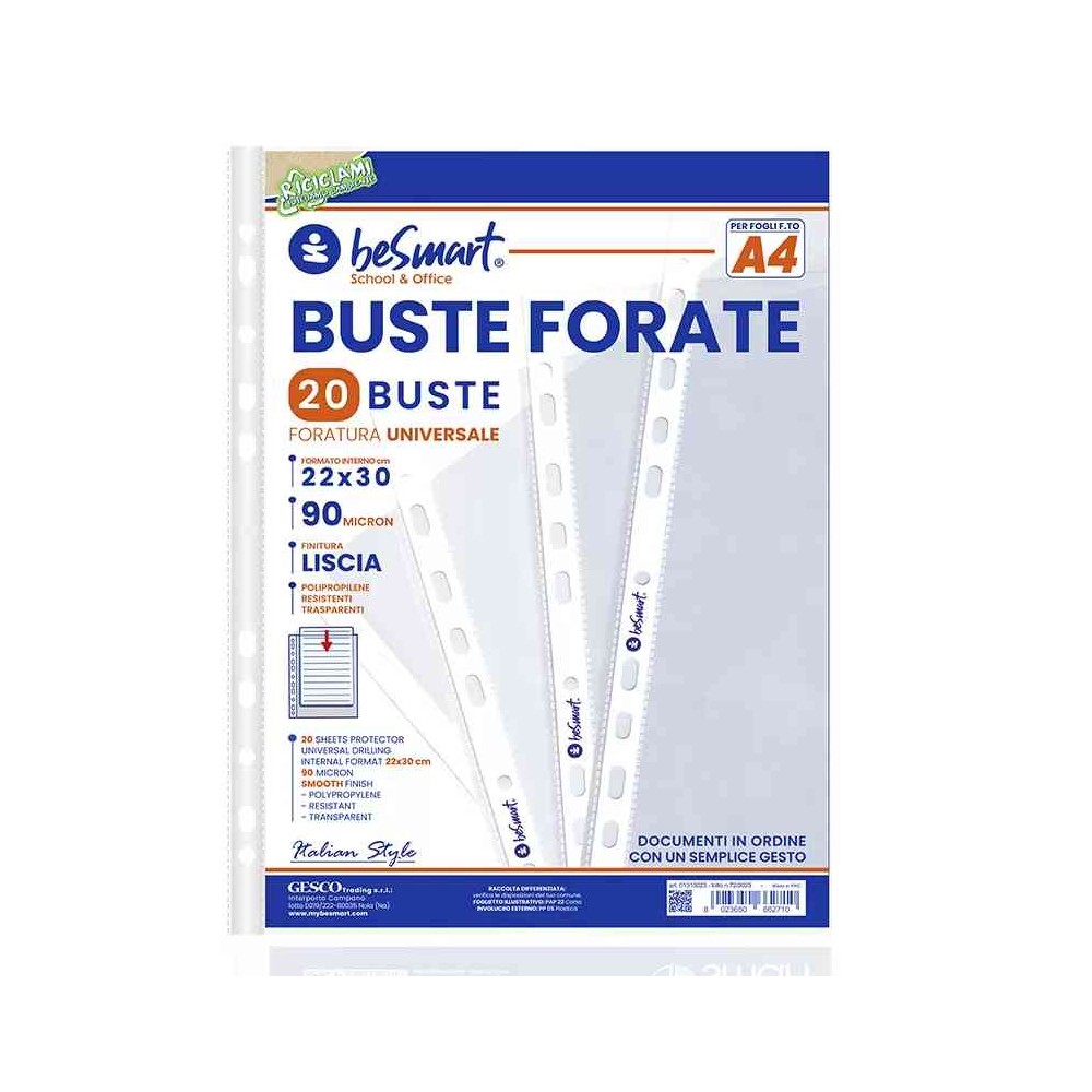 BUSTE FORATE LISCE A4 90MICRON - 20 PEZZI (01310023)