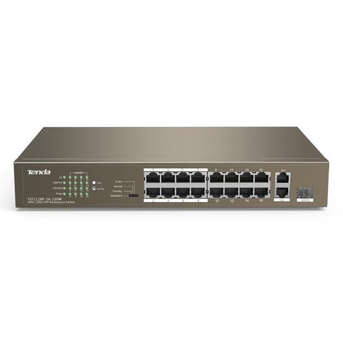 SWITCH RETE 16 PORTE 10/100 POE - 2 PORTE GIGABIT/SFP SLOT (TEF1118P-16-150W) V2