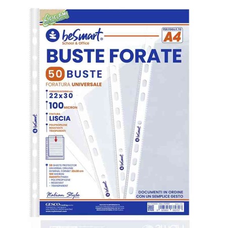 BUSTE FORATE LISCE A4 100MICRON - 50 PEZZI (01310024)