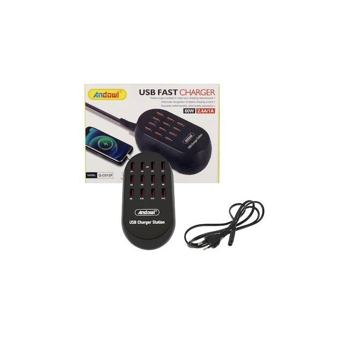 STAZIONE DI RICARICA CON 12 PORTE USB A PRESA VELOCE PER SMARTPHONE/TABLET - 60W 2.4A/1A (Q-CD12P)