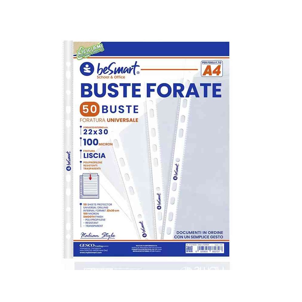 BUSTE FORATE LISCE A4 100MICRON - 50 PEZZI (01310024)