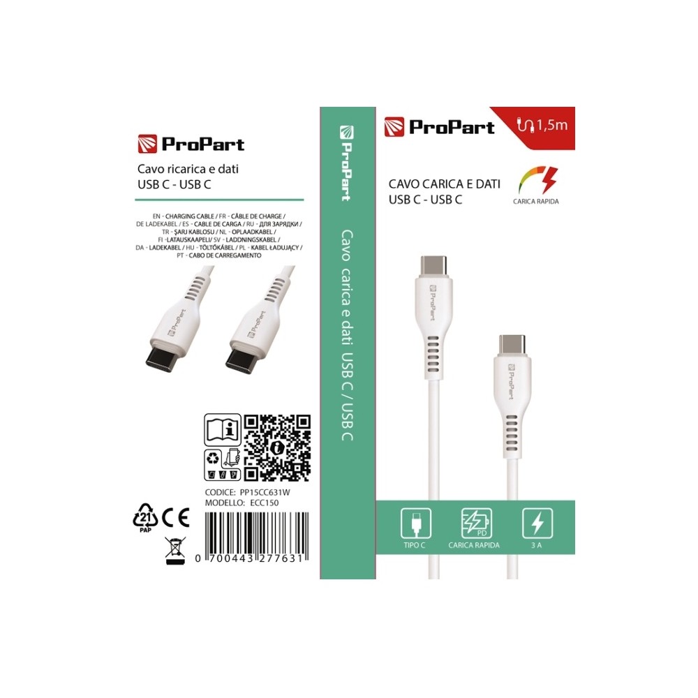 CAVO USB TIPO-C - TIPO-C PP15CC631W (ECC150) 1.5MT BIANCO