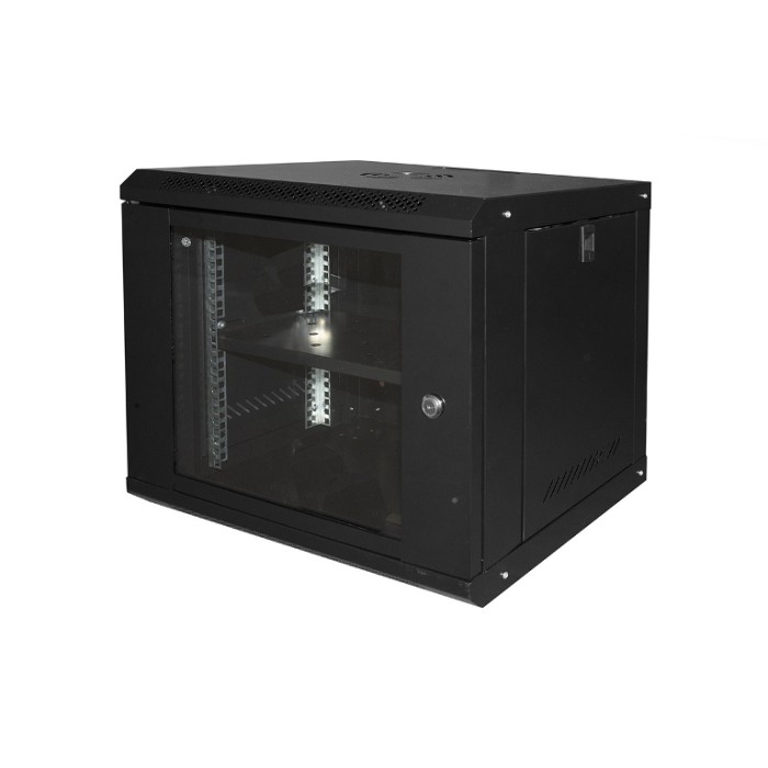 ARMADIO RACK DA MURO PER RETI 19" 9U 450X400X530 CON RIPIANO (LK1909UNL) NERO